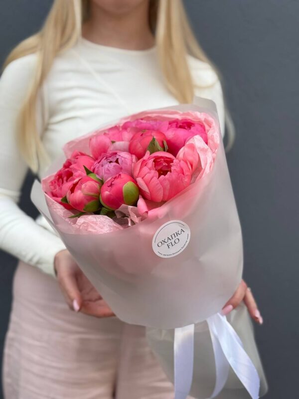 Пион букет коралловых 9 штук