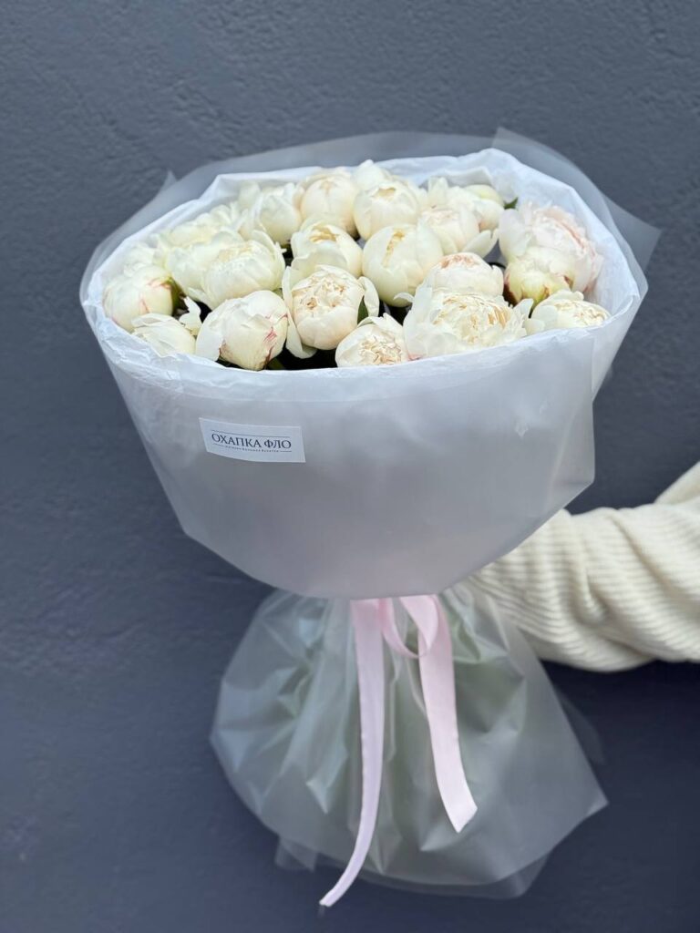 Пионы белые боул оф крем 25 штук букет
