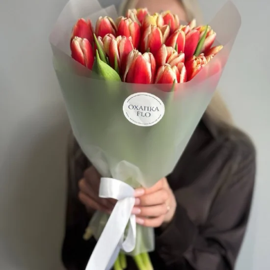 Букет тюльпанов красно-белых,19шт