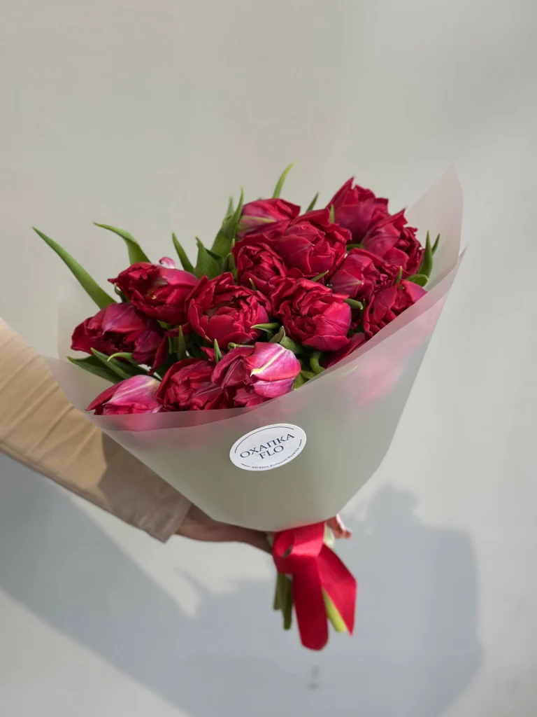 Букет малиновых тюльпанов пионовидных, 15 шт